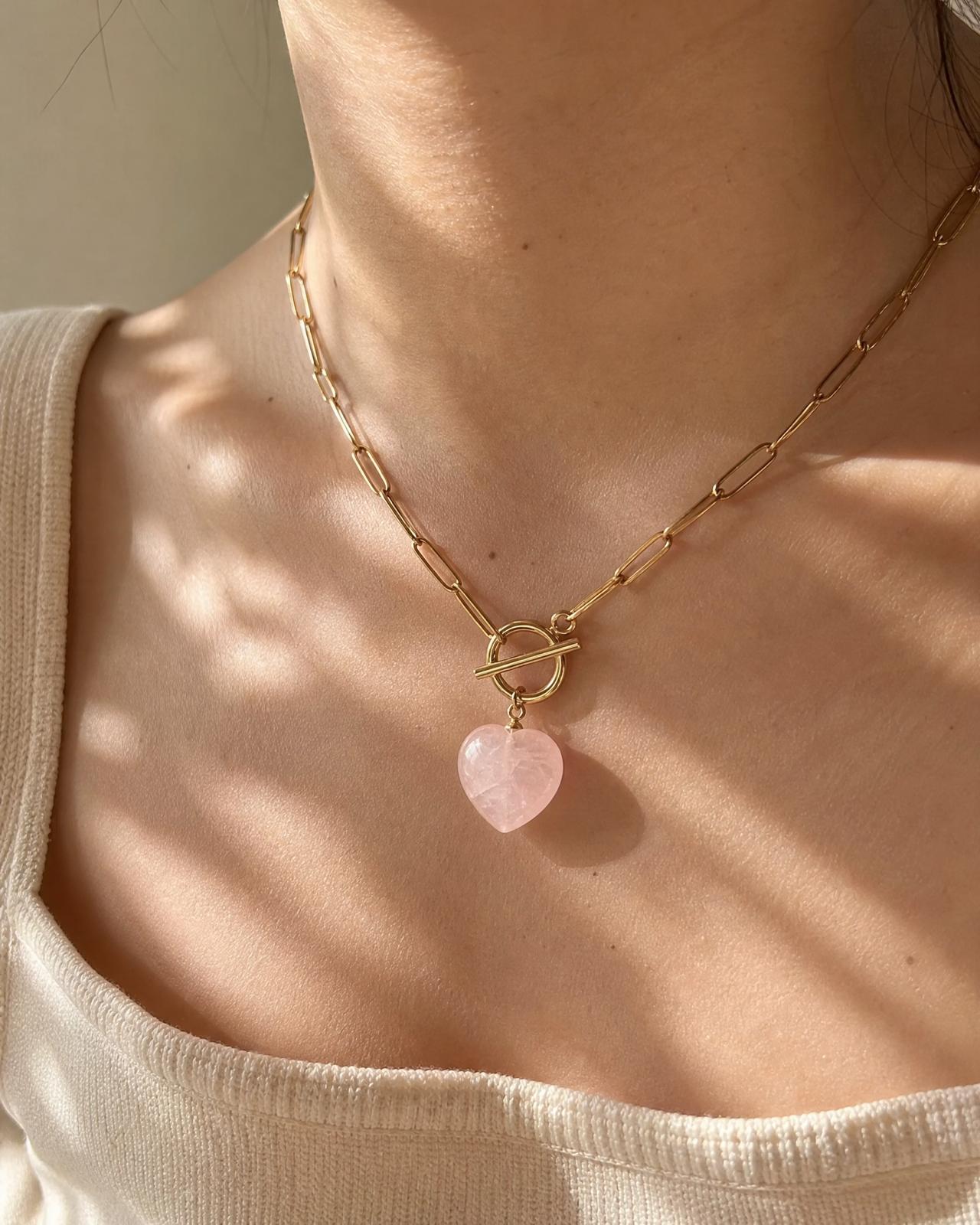 The Aura Rose Quartz Paperclip Toggle Necklace